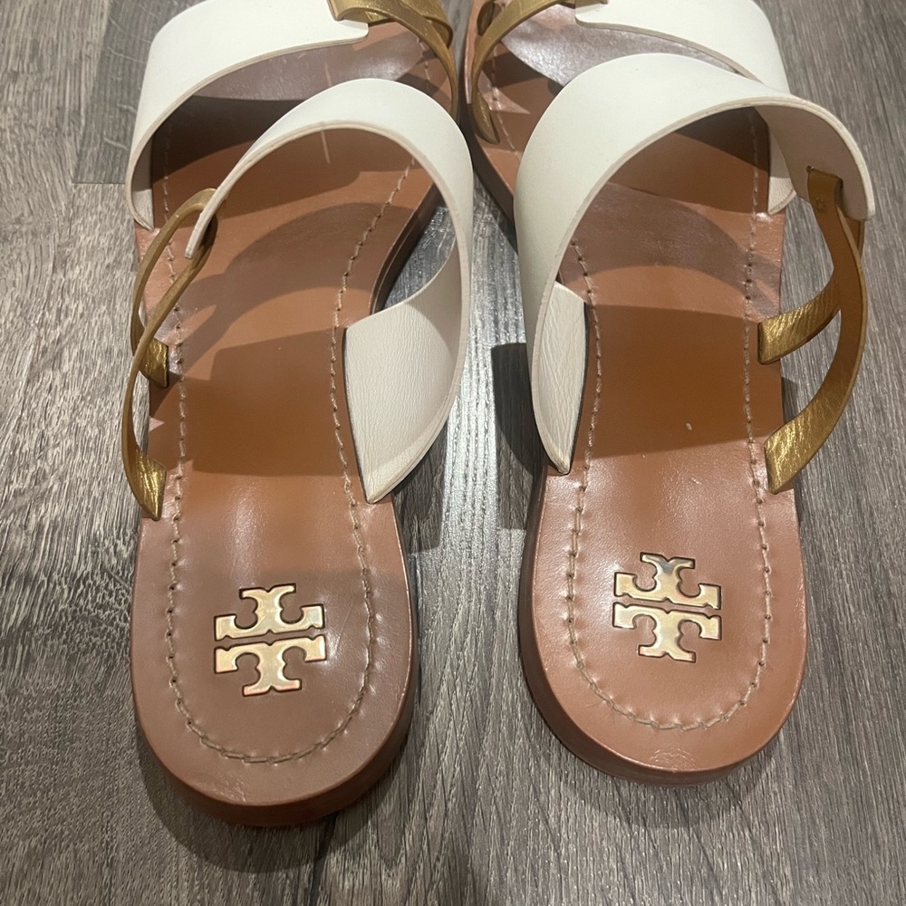 Tory Burch White Leather Slide Sandals with Gold Logo Accents